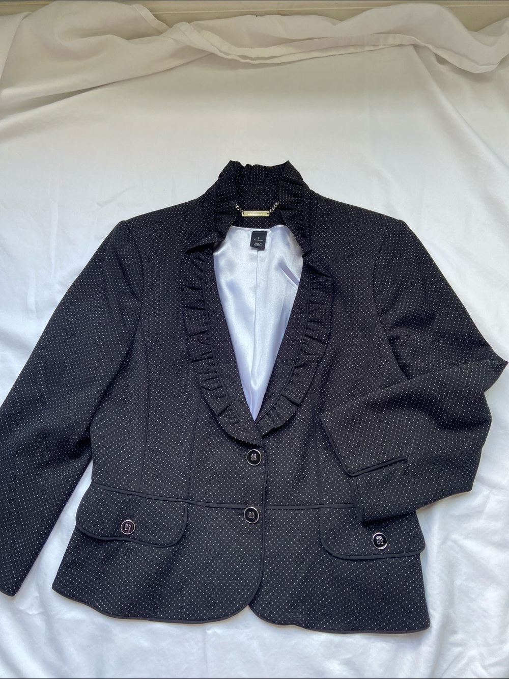 White House Black Market Black Ruffle-Trim Polka Dot Blazer